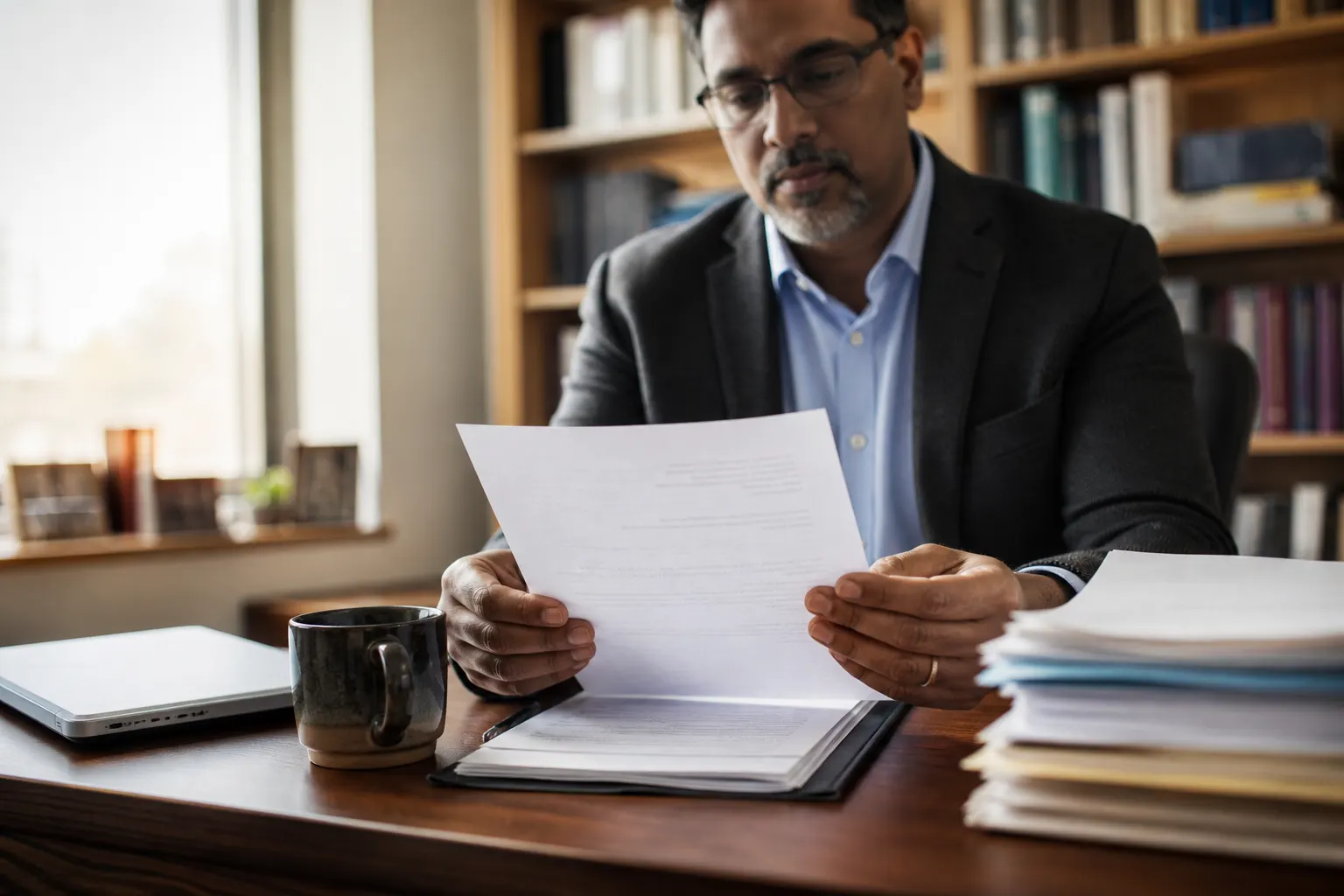 A department chair reviewing a printed adjunct cover letter at a desk stacked with application packets