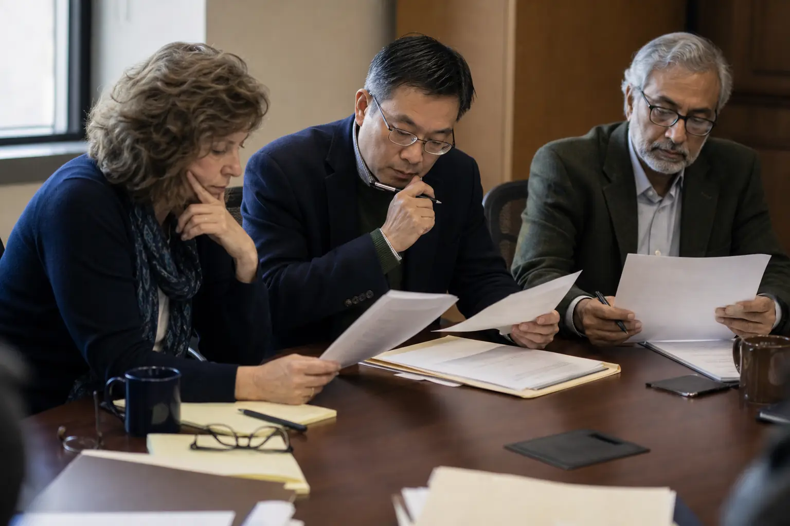 Faculty hiring committee members reviewing printed CVs around a conference table