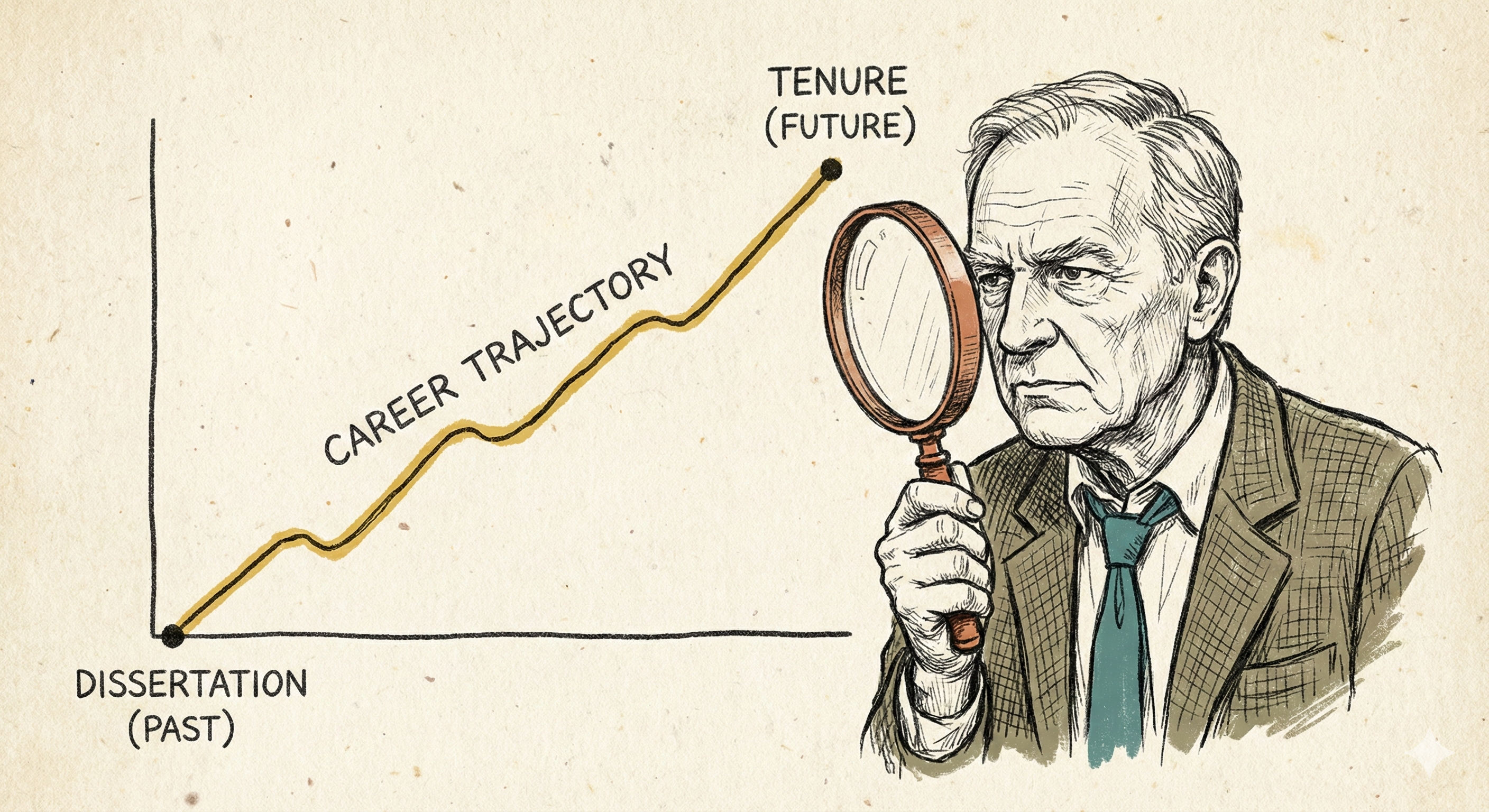 Illustration showing the trajectory of a successful research statement from past dissertation to future tenure
