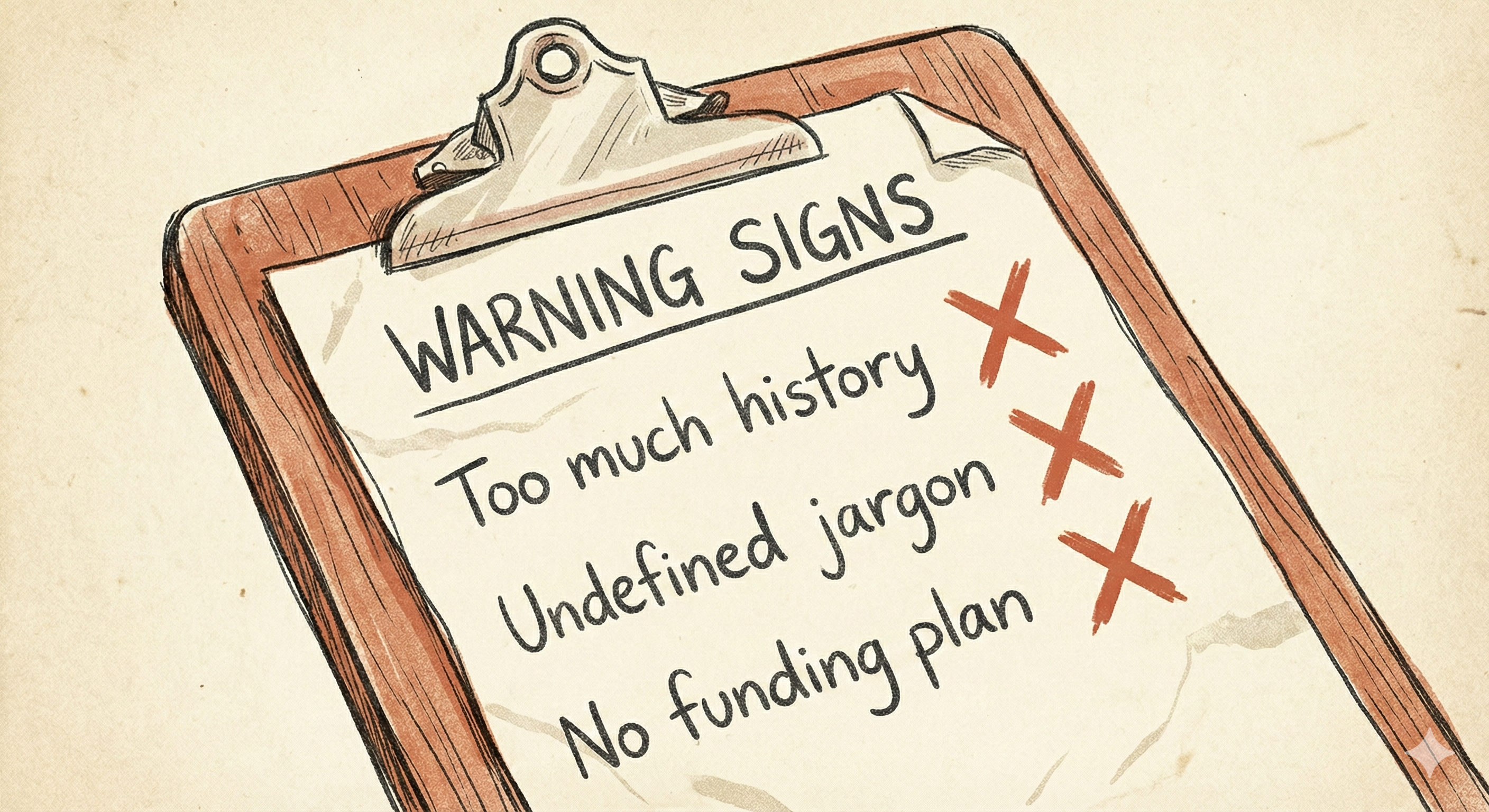 Checklist of common mistakes in academic research statements like jargon and lack of funding plans