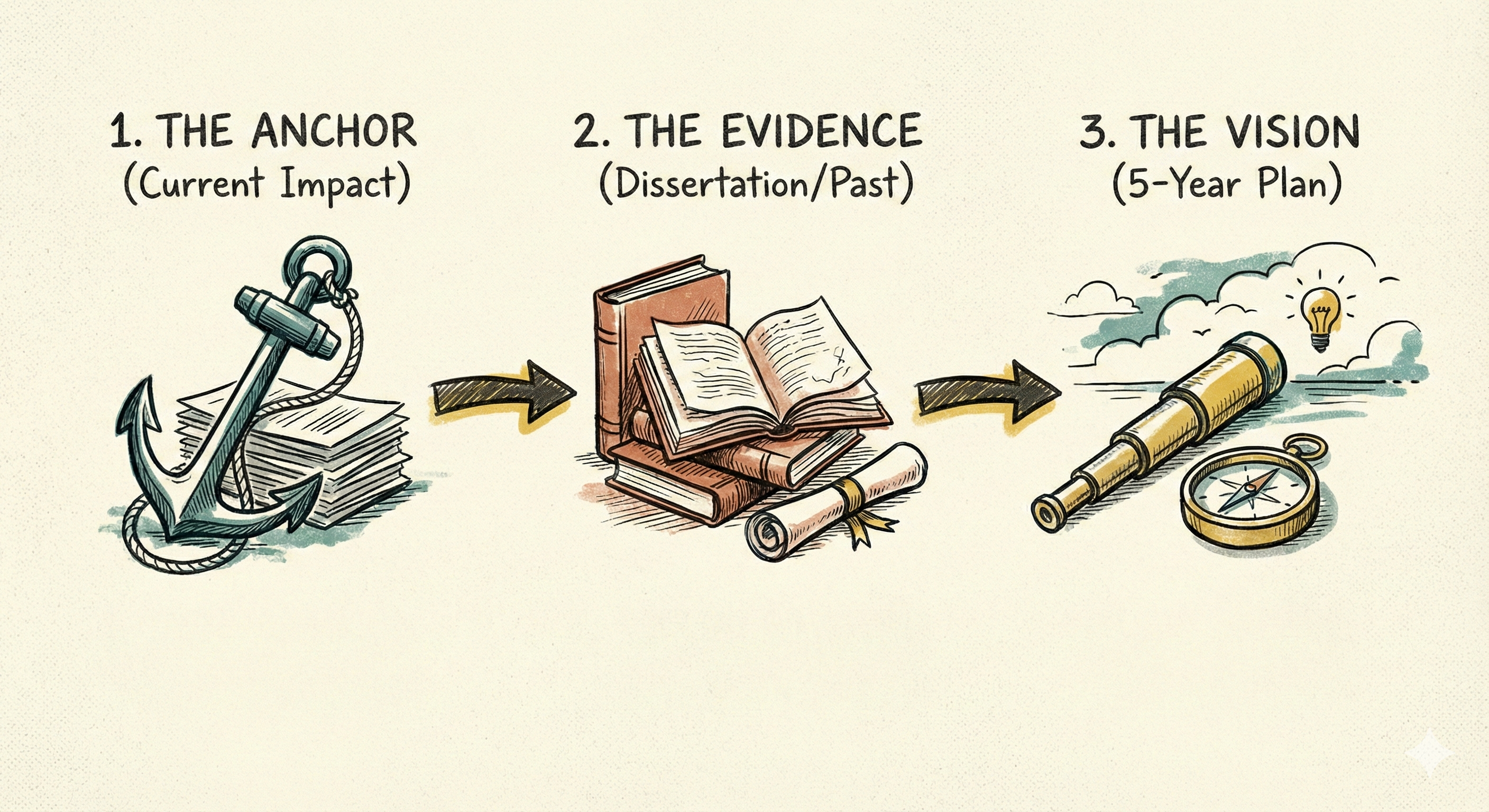 Three-part structure for a strong research statement showing anchor, evidence, and vision