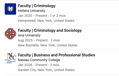 Christine Ohenewah's LinkedIn showing her 3 faculty positions at Iona University, Hofstra University, and St. Paul's School of Nursing